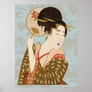 Póster Chica Geisha Japonesa Vintage con Abanico en Kimon