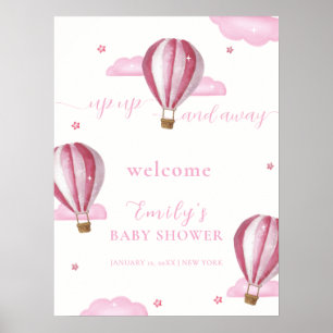Póster Chica Globo Aerostático Rosa Bienvenida al Baby Sh
