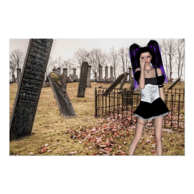 Póster Chica gótica de Halloween en el cementerio (Anverso)