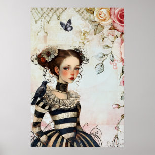 Póster Chica Gótica Inspirada en Vintage con Rosas en Acu