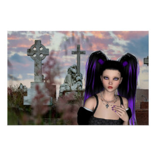 Póster Chica gótica linda en el cementerio para Halloween
