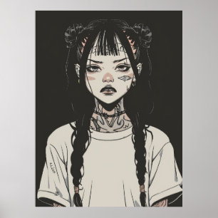 Póster Chica gótico anime con tatuajes con cara de enojo
