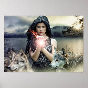 Póster Chica gótico místico con lobos y luz mágica