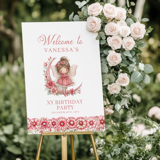 Póster Chica Hada Encantadora Cumpleaños Bienvenida Flora (Charming Fairy Girl Blush Floral Birthday Welcome Sign

)