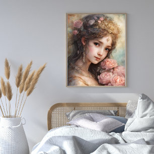 Póster Chica Hermosa con Rosas Rosadas