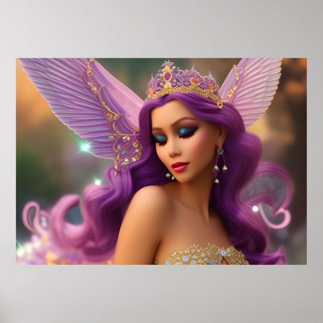 Póster Chica hispana de fantasía mariposa morado rosa B (Frente)
