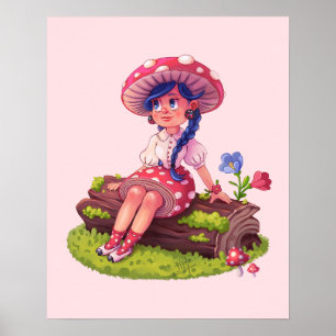 Póster Chica hongos Ilustracion de núcleo de algodón