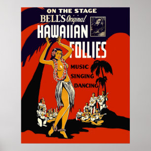 Póster Chica hula de Hawái, baile tradicional, música, fi