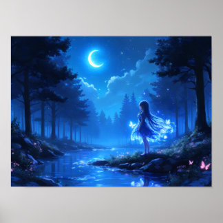 Póster Chica iluminado por la luna en un bosque encantado