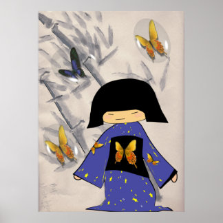 Póster Chica japonés con burbujas de mariposa