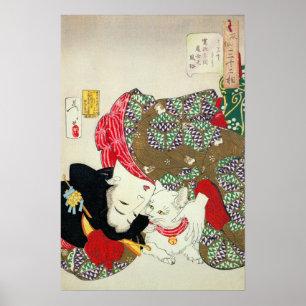 Póster Chica japonés con gato, Tsukioka Yoshitoshi
