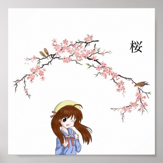Póster Chica japonés de flores de cerezo (Frente)