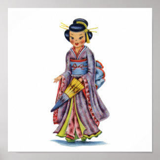 Póster Chica japonés vintage en Kimono