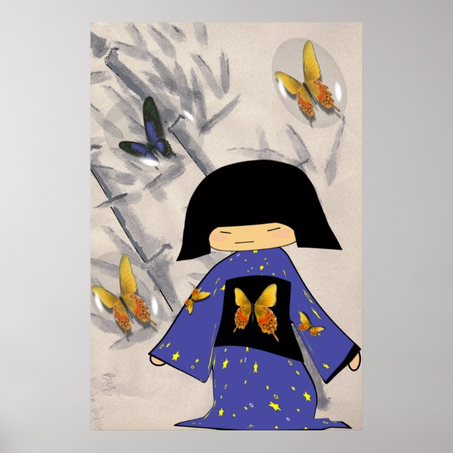 Póster Chica Japonesa con Burbujas de Mariposa (Frente)