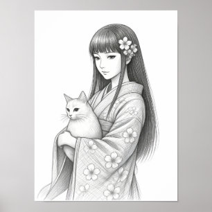 Póster Chica Japonesa con un Gato Blanco