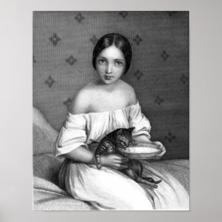 Póster Chica joven con gatito y tazón de leche
