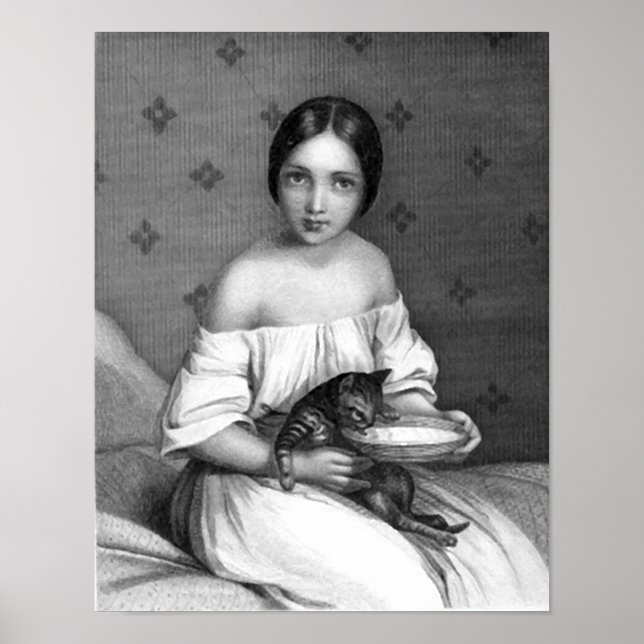 Póster Chica joven con gatito y tazón de leche (Frente)
