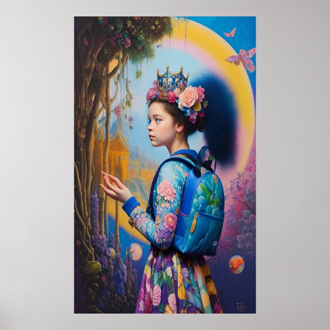 Póster Chica joven en el bosque con mochila (Frente)