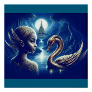 Póster Chica Joven Y Cisne Paisaje Increíble