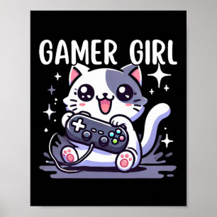 Póster Chica jugadora gato juegos divertidos videojuego m