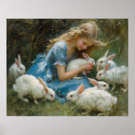 Póster Chica Jugando Con Conejitos Blancos En Pascua