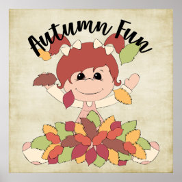Póster Chica jugando en hojas - Diversión de otoño