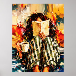 Póster Chica leyendo libro pintura artística acogedora