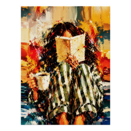 Póster Chica leyendo libro pintura artística acogedora