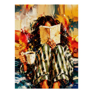 Póster Chica leyendo libro pintura artística acogedora