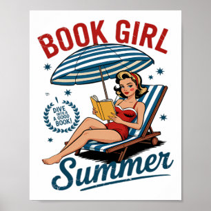 Póster Chica leyendo libro verano divertido vacaciones de