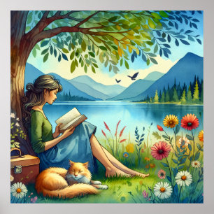 Póster Chica leyendo un libro bajo un árbol con un gato s