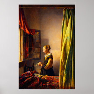 Póster Chica leyendo una carta en una ventana abierta de 
