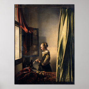 Póster Chica leyendo una carta en una ventana abierta por
