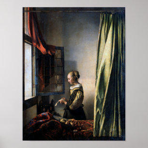 Póster Chica leyendo una carta en una ventana abierta, ve
