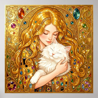 Póster Chica linda con gato al estilo Art Nouveau de Gust