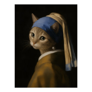 Póster Chica Linda con un Gato de Arete de Perla Arte