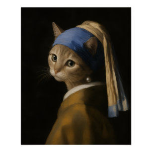Póster Chica Linda con un Gato de Arete de Perla Arte de 