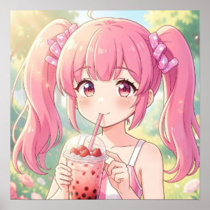 Póster Chica linda de anime en rosa bebiendo té de burbuj