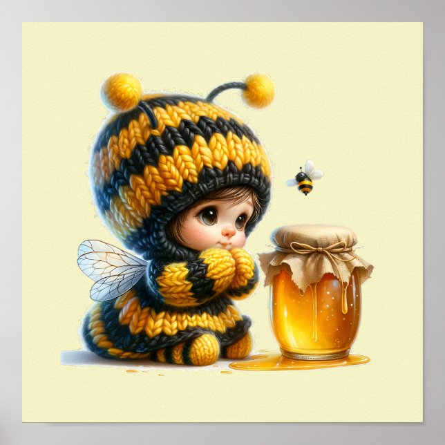 Póster Chica lindo con traje de abeja con miel (Frente)