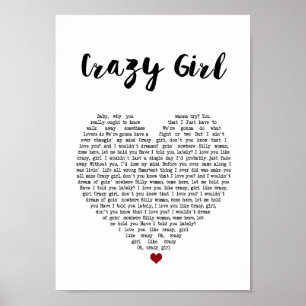 Póster Chica loco Corazón Canción Lyric Wall Art Imprimir
