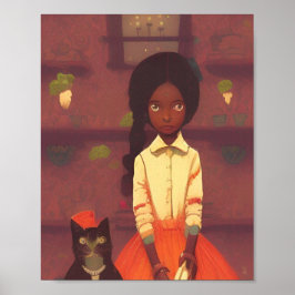 Póster Chica marrón y robots gatos naranja falda