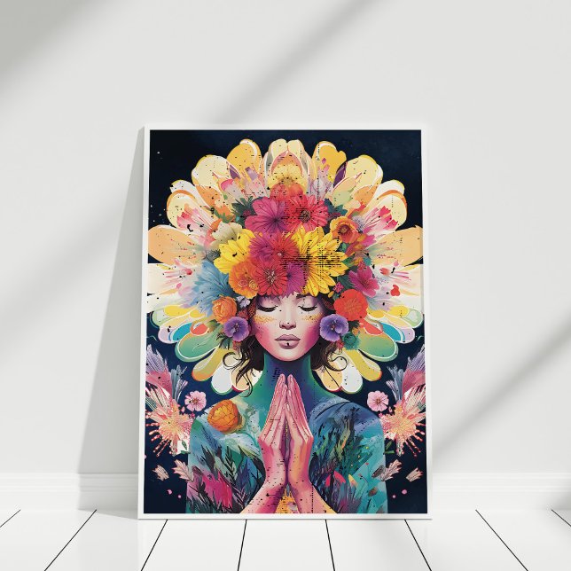 Póster Chica mediador Flores Universo (Meditating Girl Flowers Universe Poster in white frame against white wall.)
