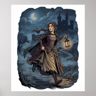 Póster Chica Medieval Fantasía Gótica Linterna Castillo N