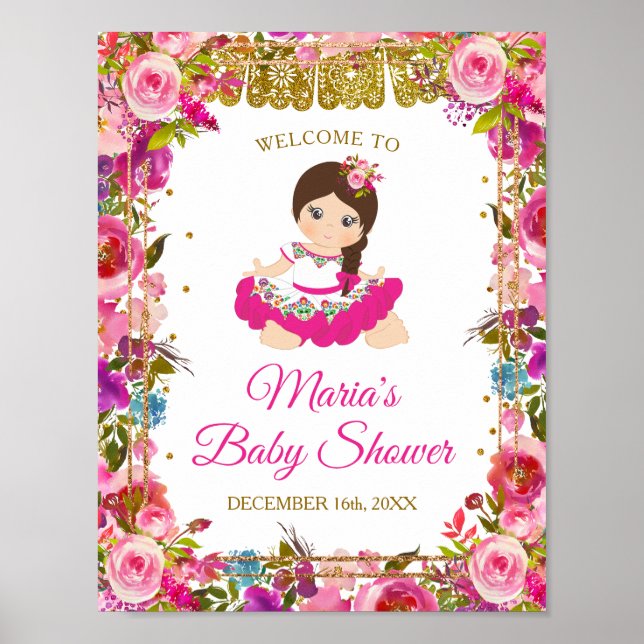 Póster Chica mexicano rosa Fiesta Baby Shower Purpurina d (Frente)