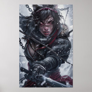 Póster Chica místico Ninja con dientes de tigre luchando 