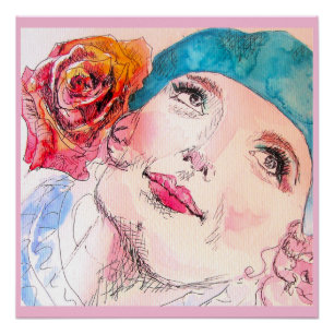 Póster Chica Mujer Rosa Acuarela Aquamarina Boina Rosa Pó