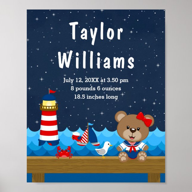 Póster Chica Náutico Oso Estadísticas de Nacimiento de la (Frente)