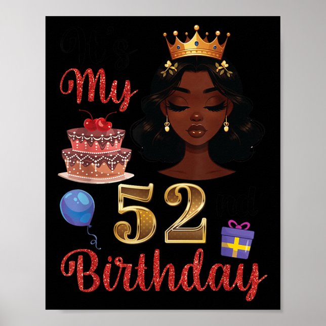 Póster Chica Negro Con Globos De Pastel Presenta Su 52.º (Frente)