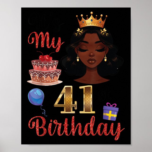 Póster Chica Negro Con Globos De Pastel Presente Es Mi 41 (Frente)
