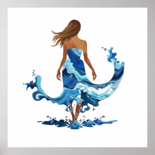 Póster Chica Océano de ondas azules